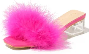 Women's Square Toe Heeled Sandals Low Block Chunky Heels Clear Mules Fluffy Feather Slip on Wedding Bridal Party Dress Shoes