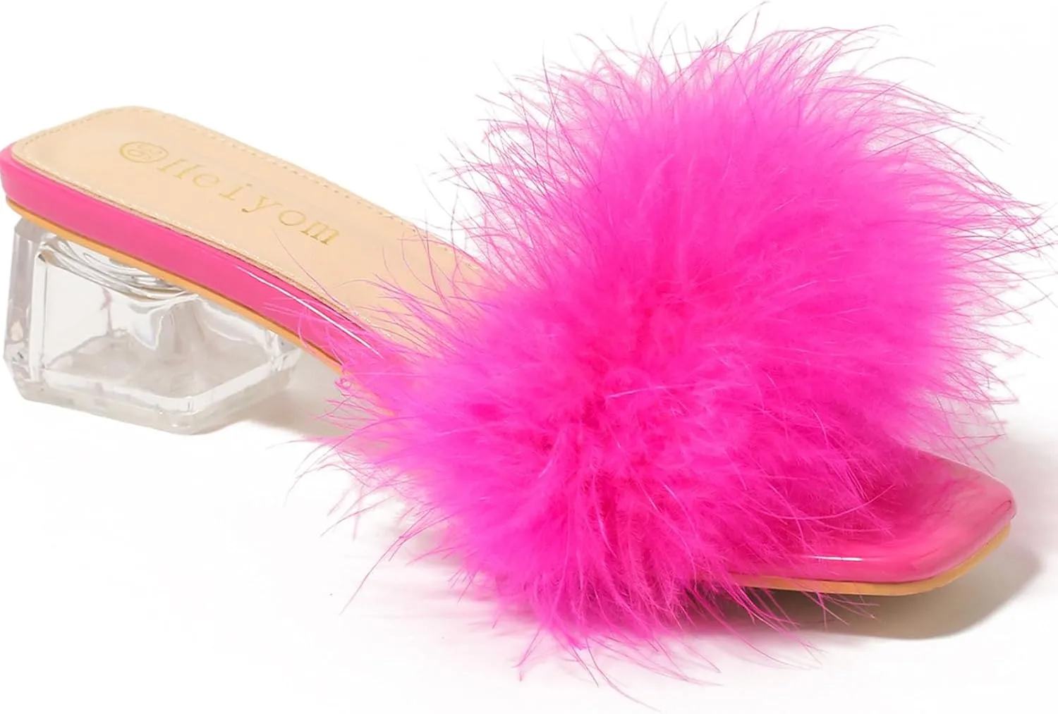 Women's Square Toe Heeled Sandals Low Block Chunky Heels Clear Mules Fluffy Feather Slip on Wedding Bridal Party Dress Shoes