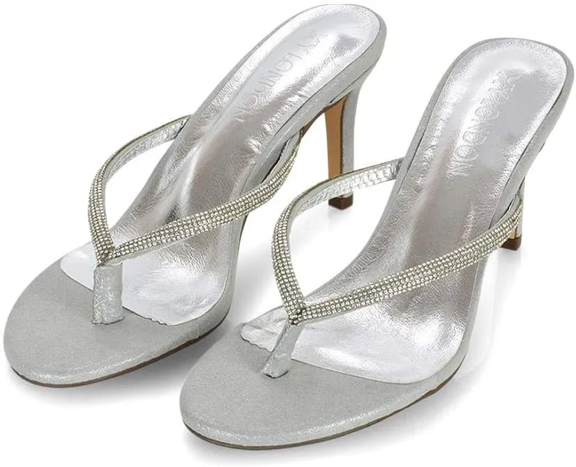 Womens Stiletto Heel Sandals Ladies Diamante Toe Post Thong Slip On Flip Flop Mule Shoes