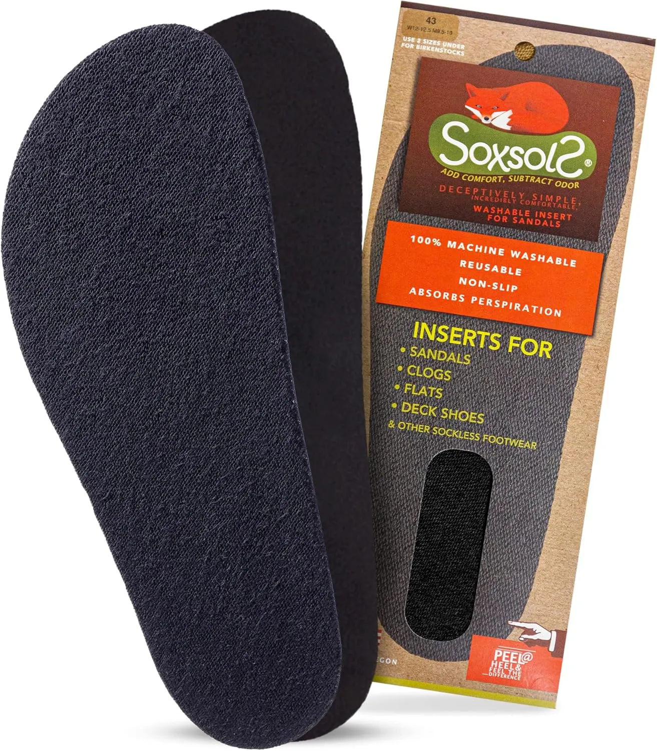 Wool Flat Shoe Insert for Sandals & Sockless Shoes, Comfortable Shoe Insoles with Sweat-Absorbent Natural Fiber & Non-Slip Silicone Grip, Wide-Cut Foot Soles for Men & Women, Black, Size 36 - SoxsolS