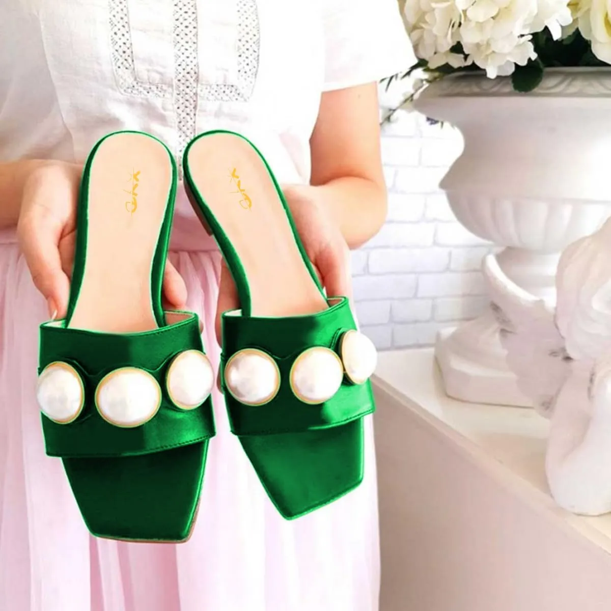 XYD Womens Square Open Toe Flat Beach Sandals Slip On Mule Slides Glossy Pearls Embellished Slipper Fashion Summer Dressy Shoes