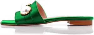 XYD Womens Square Open Toe Flat Beach Sandals Slip On Mule Slides Glossy Pearls Embellished Slipper Fashion Summer Dressy Shoes