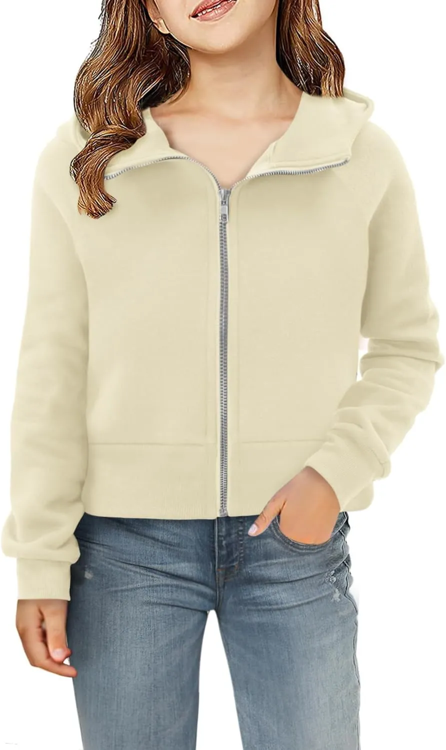 Yoklass Girls Zip Up Hoodie Croppred Sweatshirts Casual Long Sleeve Thumb Hole Jacket 4-13 Years