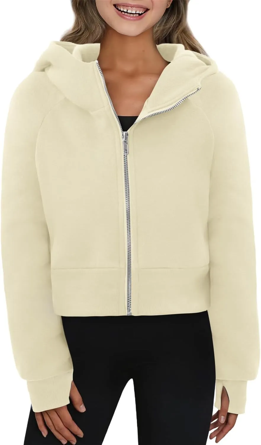 Yoklass Girls Zip Up Hoodie Croppred Sweatshirts Casual Long Sleeve Thumb Hole Jacket 4-13 Years